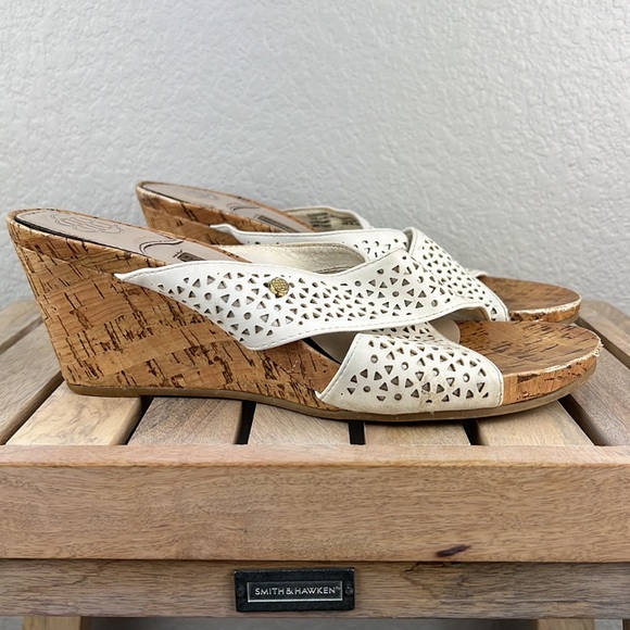 Dana Buchman Leather Perforated Wedge Cork Heel Sandals White Size 9.5 - Picture 7 of 11